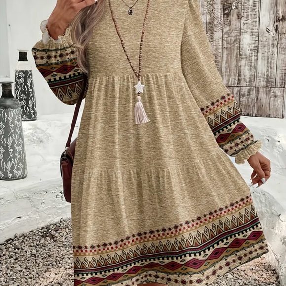 Dresses & Skirts - Boho Tiered Long Sleeve Dress in Beige with Tribal Trim